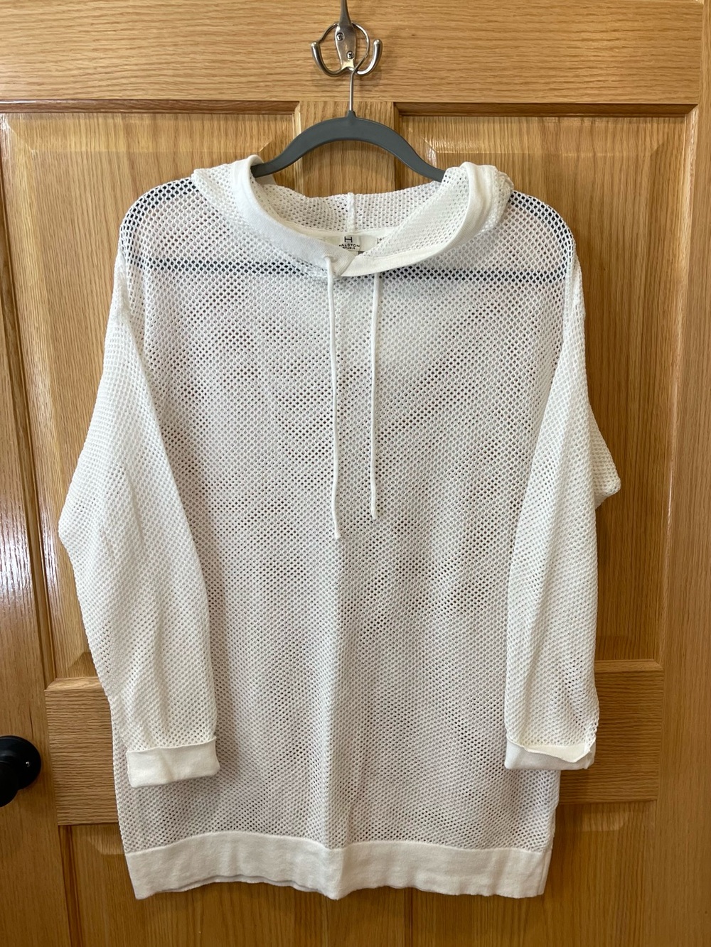 Halston Heritage White Open-Knit Crewneck Hoodie Sweater